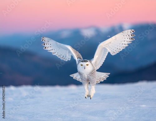 Un búho blanco de nieve con ojos amarillos volando sobre la nieve por la mañana, con una montaña blanca nevada