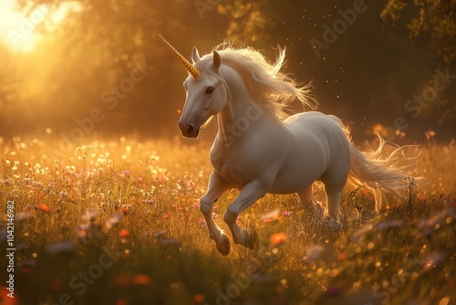 A unicorn with a golden horn running through a field wildflowers during the golden hour