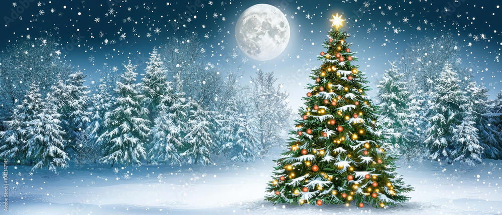 A serene winter landscape with a decorated Christmas tree, snow-covered ground, towering evergreen trees, and a bright full moon illuminating the scene.