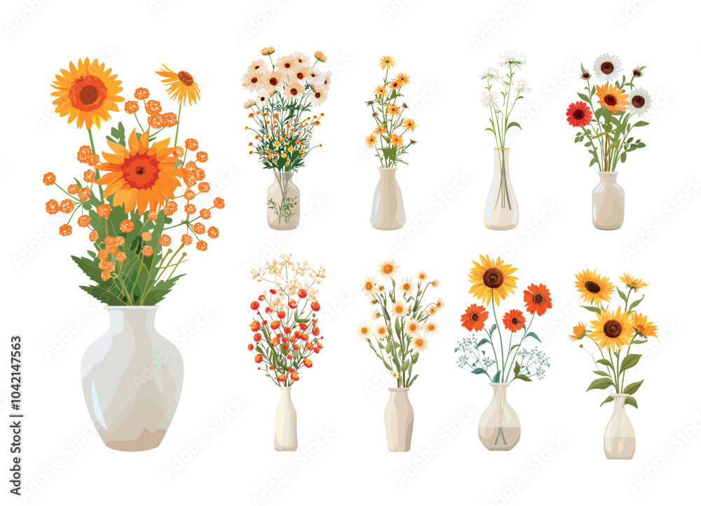 Obraz premium Fresh flower bouquets cartoon vector set. Blossoms vases branches chamomile sunflower bundles, nature floret herbs home plants blooming interior decoration isolated illustration