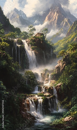 Waterfall cascading through lush, misty jungle.