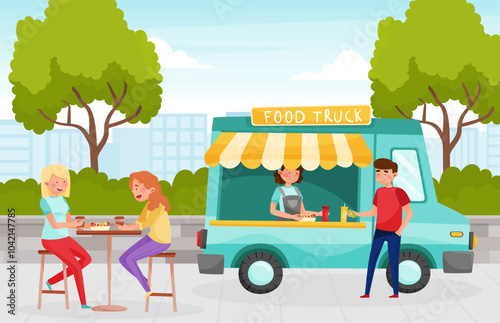 Street Food Cafe with Man and Woman Sit at Table Drink Coffee and Eat Hot Dog Vector Illustration