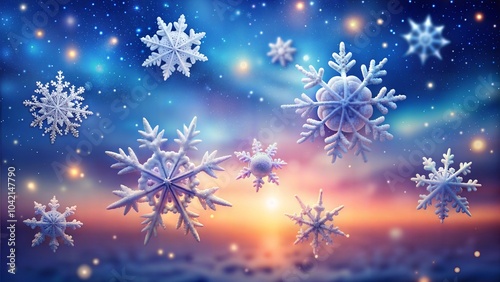 Beautiful snowflakes floating in a colorful evening sky during winter soltice twilight photo