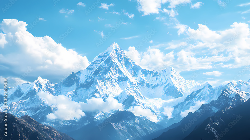 Breathtaking view of snow-capped mountain peaks with clear blue skies and scattered clouds, perfect for nature and adventure enthusiasts. Snow-capped Peaks. Illustration