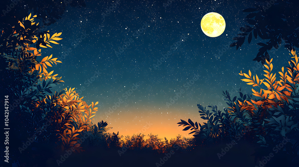 Silhouette of leaves and starry night sky with full moon suitable for background