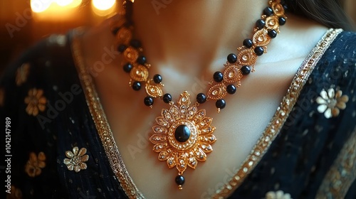 A close-up shot of a woman wearing a beautiful gold and black necklace with a large ornate pendant. The necklace is adorned with intricate details and sparkling gems. photo