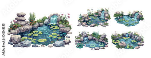 Garden ponds cartoon vector set. lili flowers stones boulders mini lakes decorative palisades water pool, outdoor nature exterior landschaft decoration design, isolated illustrations