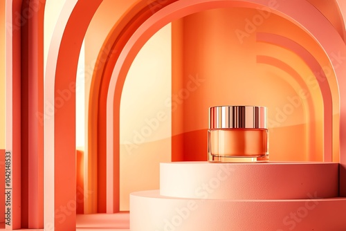 A stylish skincare product displayed in a vibrant coral setting with arches, perfect for beauty and wellness themes. photo