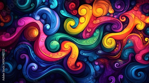 Vibrant Neon Swirls in Space Background. Hand drawn groovy psychedelic background. Abstract wavy swirly pattern.