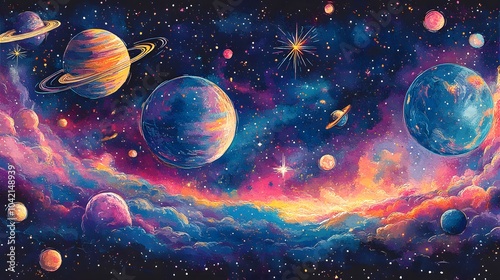Colorful Hand-Drawn Cosmic Scene with Planets