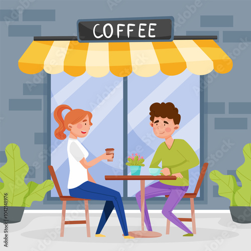 Street Food Cafe with Man and Woman Sit at Table Drink Coffee Vector Illustration