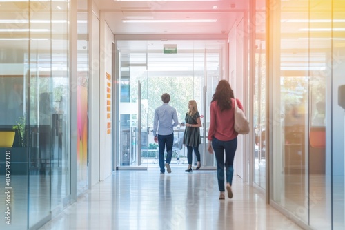 two people walking through an open door into a modern, bustling office space Inside, one person in business attire is conversing with three other individuals dressed casually Generative AI