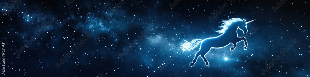 A unicorn-shaped constellation glowing brightly in a deep blue night sky