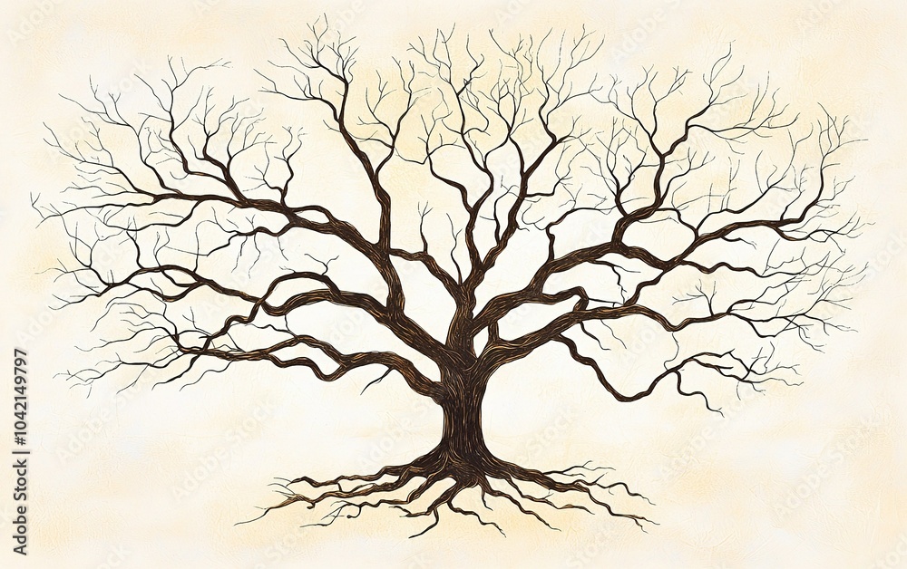 A detailed illustration of a bare tree with an intricate branch structure against a soft beige background A detailed illustration of a bare tree with an intricate branch structure against a soft beige background