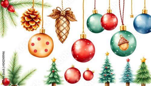 Set of Christmas pendants with golden pine cone, acorn, glazed cookie, christmas balls and various Christmas trees. Watercolor illustration isolated on white background for card or your design isola