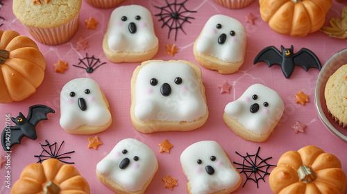 A playful Halloween dessert spread with ghost-shaped marshmallows, bat cupcakes, and spider web cookies on a neon pink tablecloth.