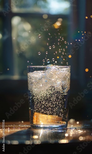 Bubbly drink with sunlight reflections.