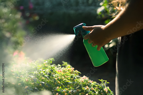 Woman hand spraying insecticide over plants in a garden photo