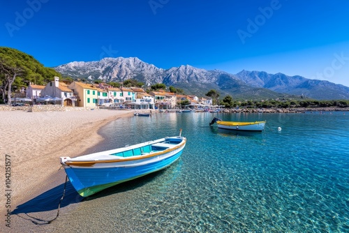 Fishing boats near Popeye Village, surrounded by clear water and the rustic, colorful buildings on the shore