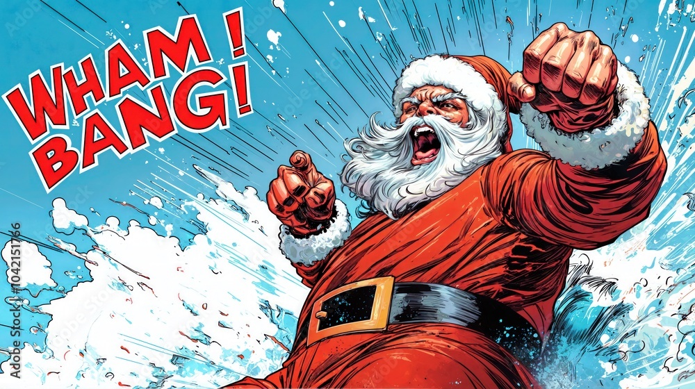 Powerful comic-style Santa Claus punching through snow with bold action effects, WHAM BANG text