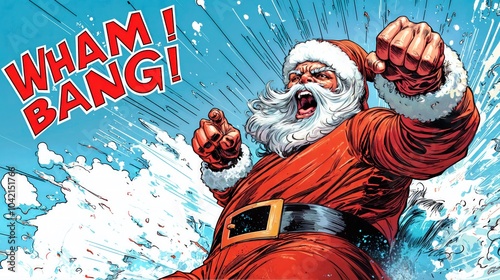 Obraz na płótnie Powerful comic-style Santa Claus punching through snow with bold action effects, WHAM BANG text w salonie