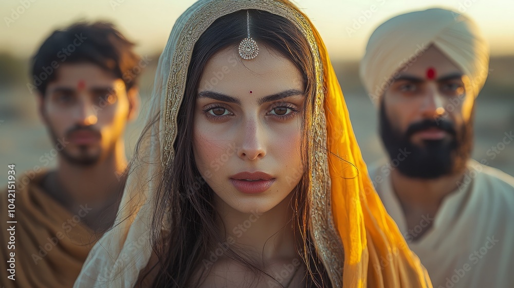 A young woman in a yellow headscarf looks directly at the camera with a serious expression. Two men are standing behind her, slightly out of focus. A young woman in a yellow headscarf looks directly at the camera with a serious expression. Two men are standing behind her, slightly out of focus.