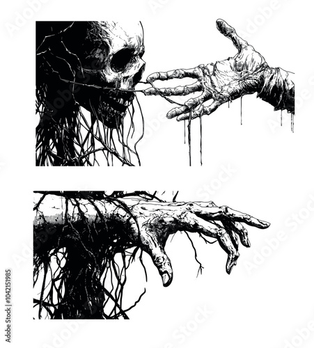 Hand stucking in roots with skull black ink sketch vector concepts. Human arm withered branches tangled stripes wrist bone head skeleton fingers open looking for help gesture, horror movies posters