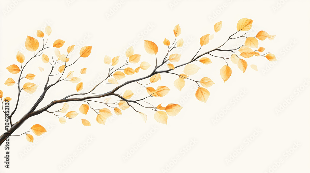 Elegant autumn branch with golden leaves on a soft white background Elegant autumn branch with golden leaves on a soft white background