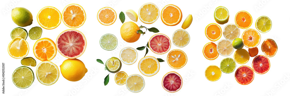 Fototapeta premium Set of citrus fruits including lemons, limes, and oranges, sliced to reveal their juicy interiors isolated on transparent background
