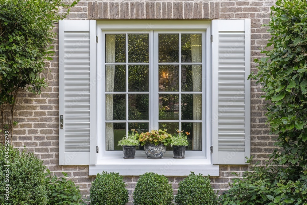 Charming window with decorative shutters and potted plants in a serene garden setting during daylight Charming window with decorative shutters and potted plants in a serene garden setting during daylight