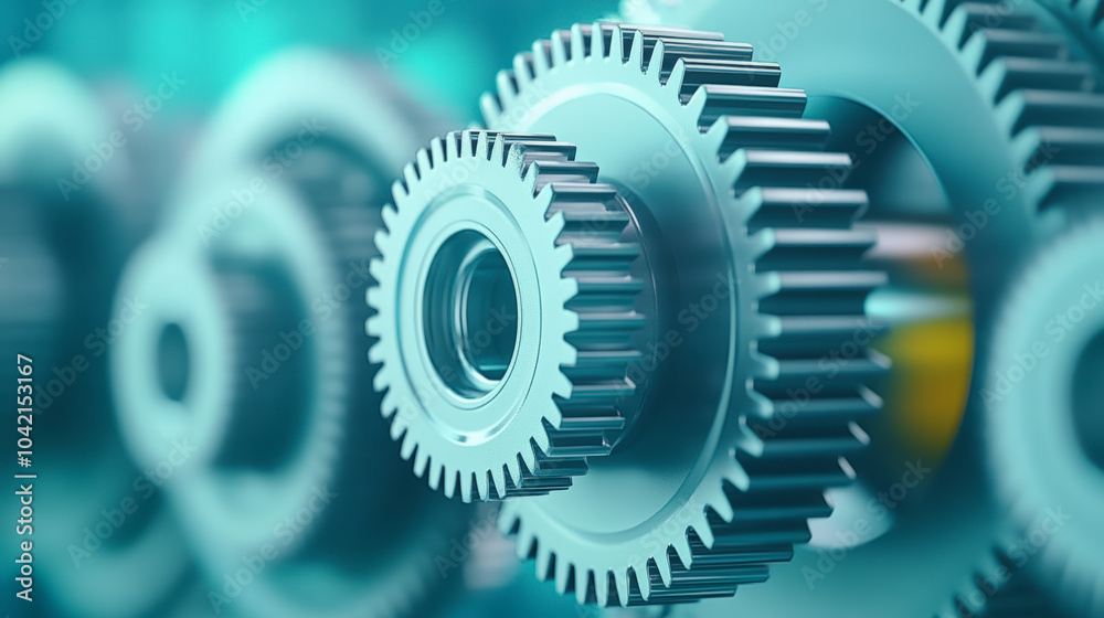 Close-up of interlocking metallic gears, showcasing detailed engineering precision and industrial design, symbolizing mechanics and synchronized machinery processes in a vibrant blue-toned environment