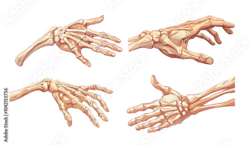 Human skeleton hand cartoon vector concepts. Fingers wrist open palm bones, anatomy detailed body part atlas medicine book, isolated illustrations on white background