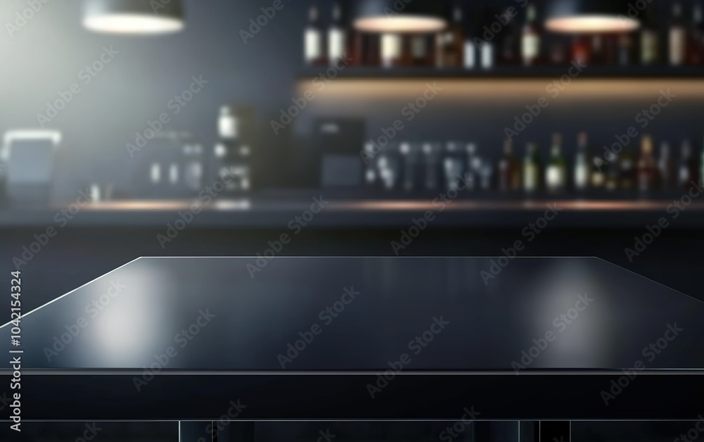 A sleek bar countertop in a dimly lit lounge showcasing an elegant atmosphere with a backdrop of various bottles A sleek bar countertop in a dimly lit lounge showcasing an elegant atmosphere with a backdrop of various bottles