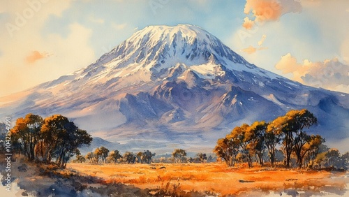 Sunrise in the mountains watercolor landscape