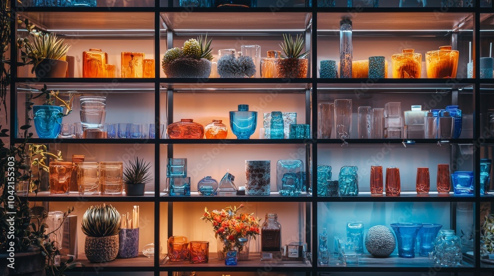 Illuminated glassware and plants on modern shelving Illuminated glassware and plants on modern shelving