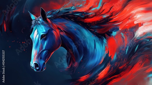 A blue horse head with a red and blue abstract background. photo