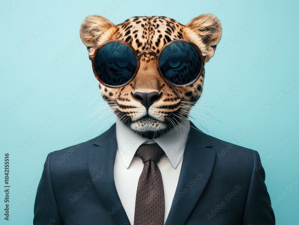 A stylish anthropomorphic leopard wears sunglasses and a suit, blending animal features with modern fashion against a blue background. A stylish anthropomorphic leopard wears sunglasses and a suit, blending animal features with modern fashion against a blue background.