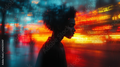 A striking silhouette of a woman with natural curly hair stands against a backdrop of blurred, vibrant city lights. The abstract reflections of warm red and orange tones blend with cool blues.