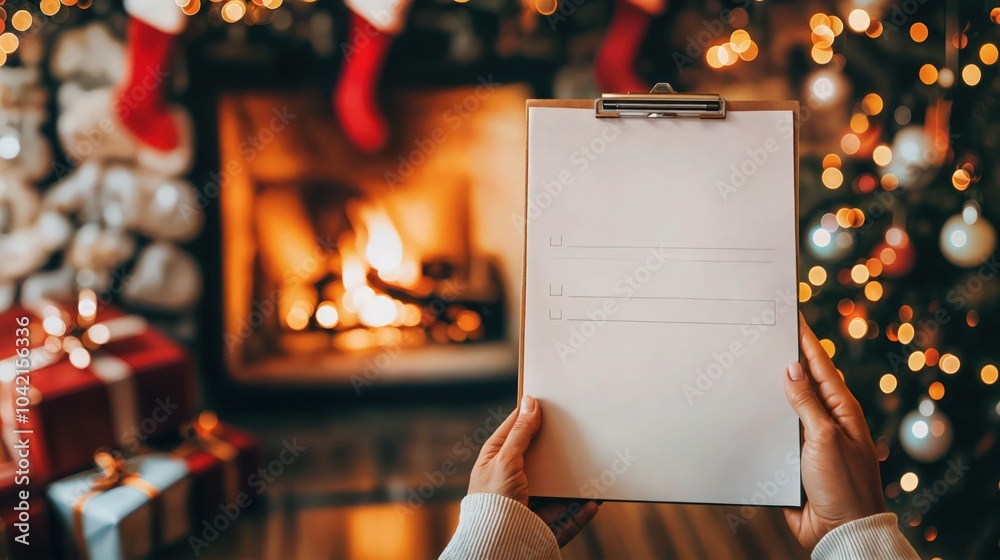 Person holding a checklist clipboard by a warm Christmas fireplace, stockings and gifts around, preparing for the holiday season