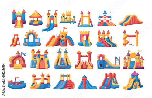 Inflatable fortress cartoon vector set. Slides trampolines pneumatic children castles, fun kid activity playgrounds stuff recreation attractions, illustrations isolated on white background