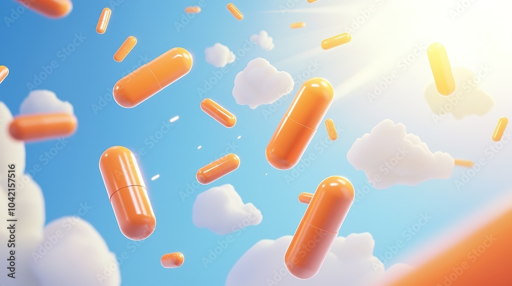 Bright orange capsules floating among fluffy clouds against a vibrant blue sky during daylight, creating a lively and whimsical atmosphere Bright orange capsules floating among fluffy clouds against a vibrant blue sky during daylight, creating a lively and whimsical atmosphere