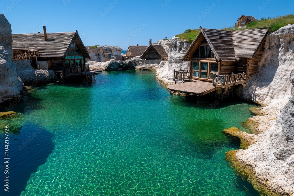 Hyper-realistic view of Popeye Village, with intricate details of the wooden houses, cliffs, and crystal-clear water Hyper-realistic view of Popeye Village, with intricate details of the wooden houses, cliffs, and crystal-clear water