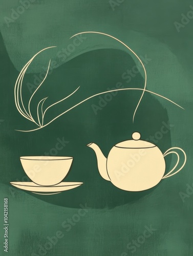 A simple line art illustration features a teapot and cup set on a soothing green background, evoking a calm tea-drinking moment. Generative AI