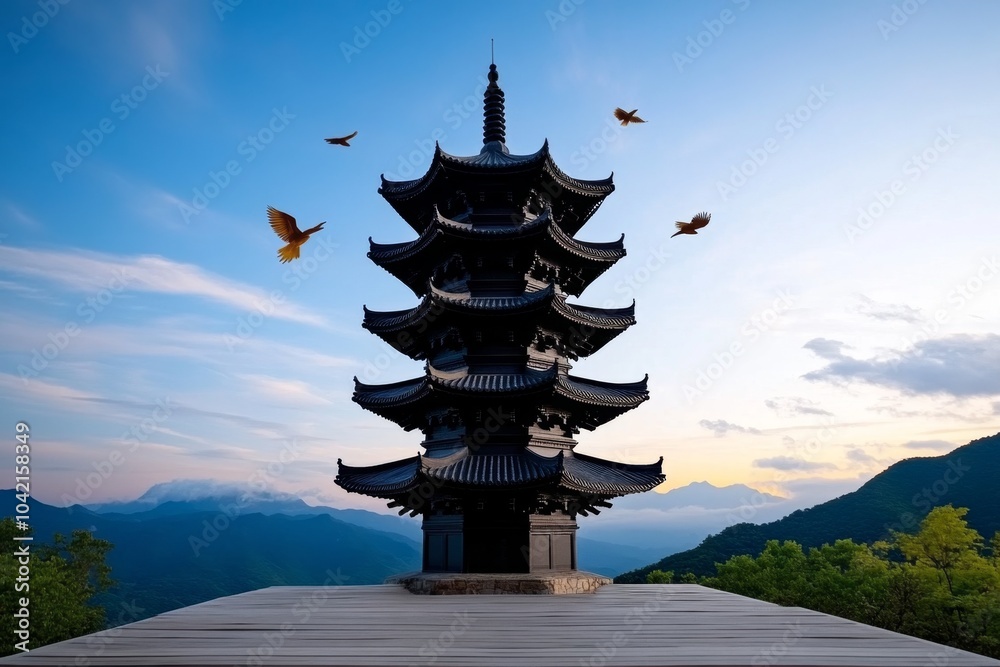 Longevity Hill and the Tower of Buddhist Incense silhouetted against a soft sunset, with minimal lines representing the quiet grandeur of the palace Longevity Hill and the Tower of Buddhist Incense silhouetted against a soft sunset, with minimal lines representing the quiet grandeur of the palace