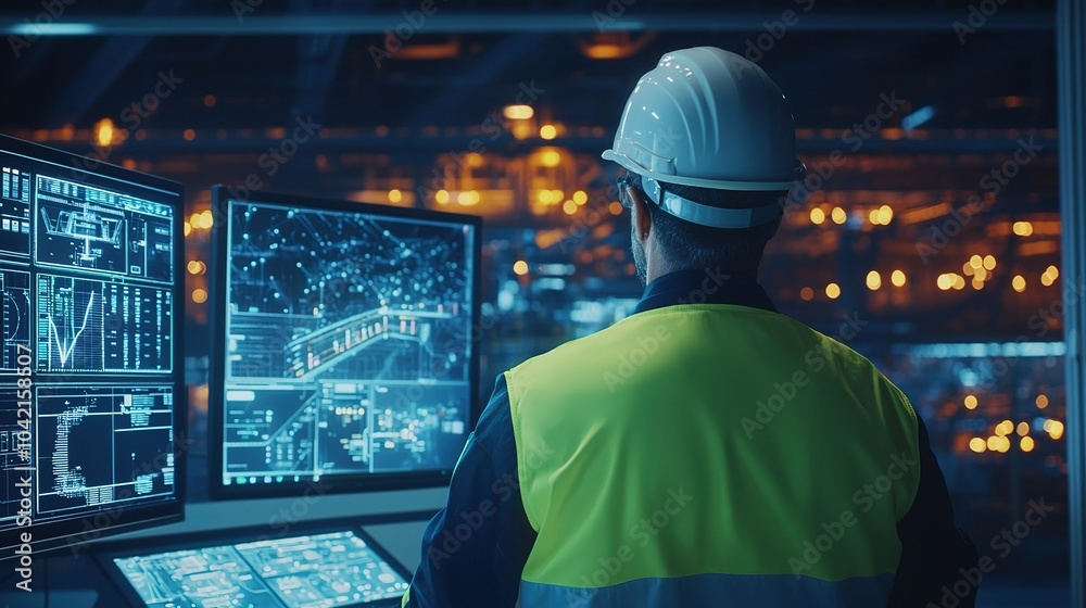 Obraz premium A technician monitors control screens at night in an industrial facility to ensure operational integrity and safety