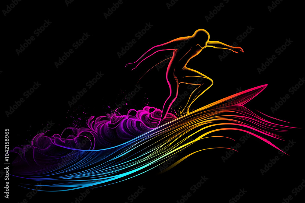 Neon sunset surfer silhouette riding waves in vibrant colors isolated on black background.