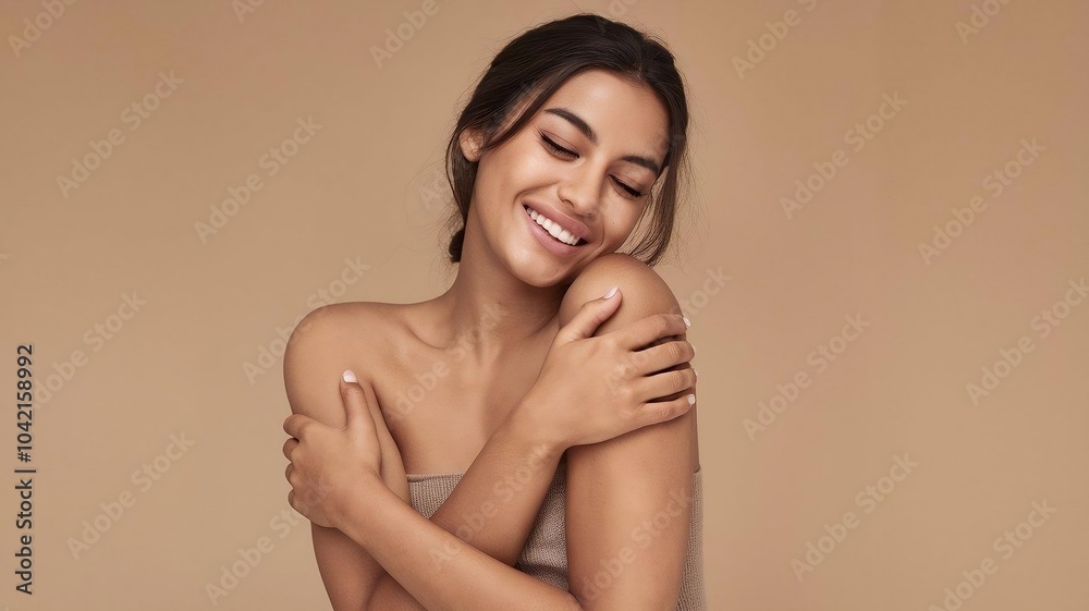 A gorgeous, cheerful woman gently embraces herself, revealing charming, naked shoulders and a radiant smile, expressing self-love, confidence, and natural beauty. A gorgeous, cheerful woman gently embraces herself, revealing charming, naked shoulders and a radiant smile, expressing self-love, confidence, and natural beauty.
