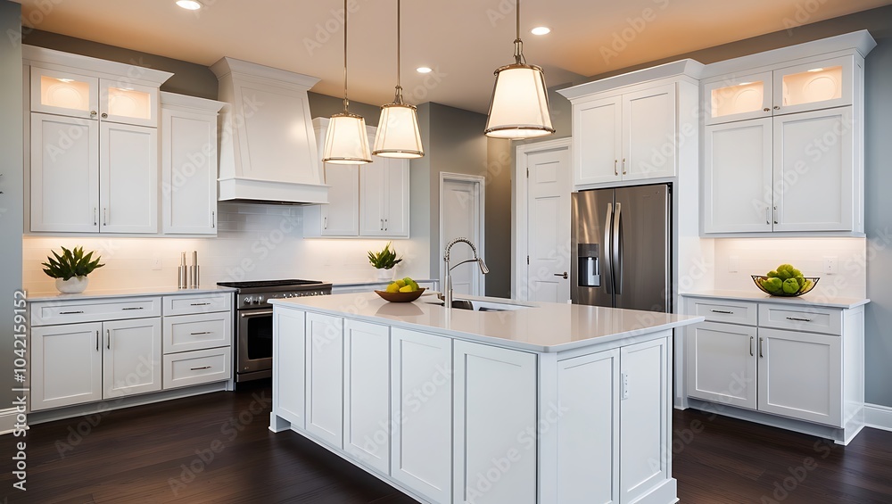 Modern kitchen interior featuring white cabinets spacious island and elegant lighting fixture Modern kitchen interior featuring white cabinets spacious island and elegant lighting fixture