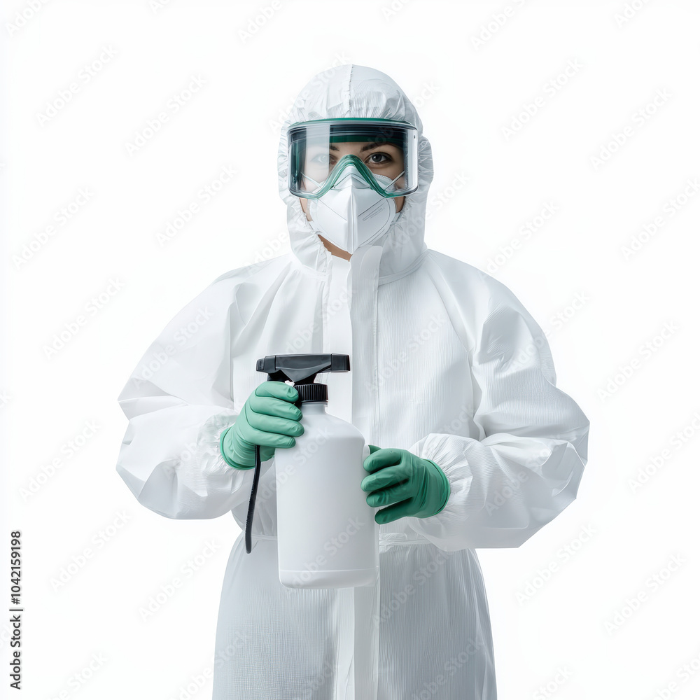 A person in protective gear, including a mask, goggles, gloves, and coveralls, holds a spray bottle, appearing ready for disinfection tasks.