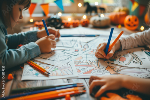 Kids drawing and painting lights and flags at the table, top view